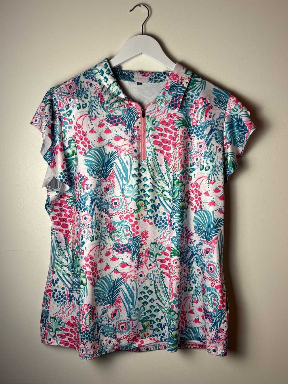 Soneven Women’s Floral Quarter Zip-Front Ruffle Golf Polo - Pink & Teal, 2X